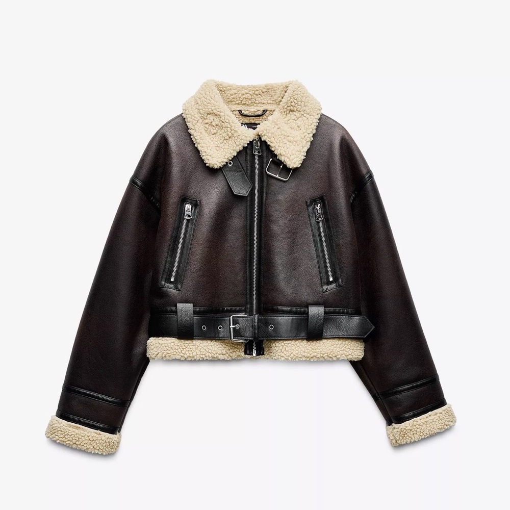 Zara Dark Brown Faux Leather Jacket with Shearling Trim - Picture 1 of 4